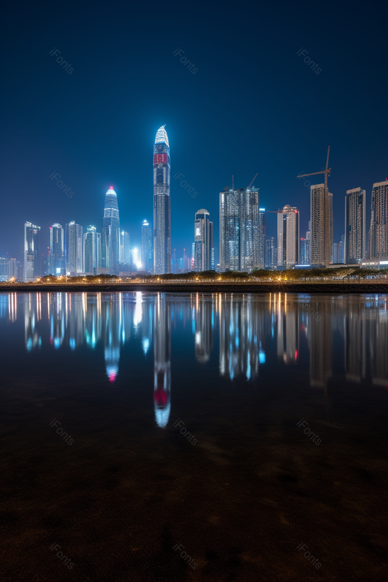 建筑夜空晚上夜景江景水面城市都市高楼大厦灯光蓝色摄影,高清,摄影图,摄影图片,图片大全,摄影图免费下载